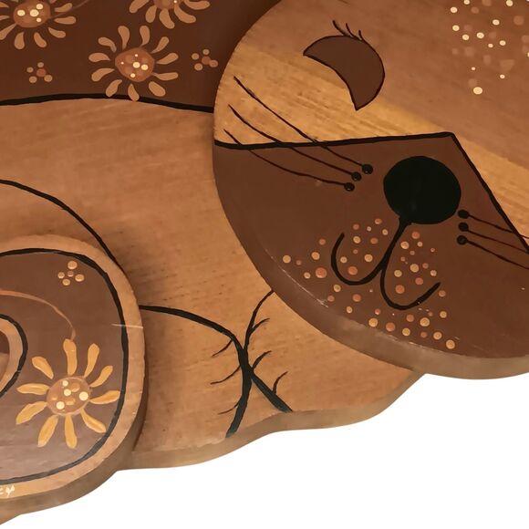 Vintage Wood Sleeping Cat Folk Art Hand Painted W/ Flowers Brown Orange Black** - Picture 5 of 12